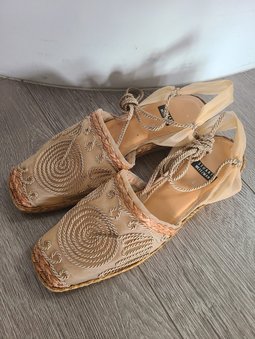 Stuart Weitzman Camel Tan Embroidered Espadrille Sandals Wedges Slingback Sz 7 B